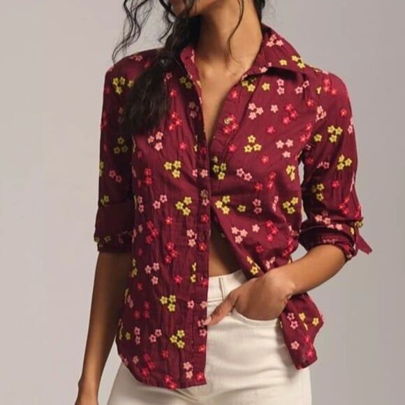 Maeve Embroidered Buttondown Blouse Size Medium Floral Burgundy Maroon Colorful - Picture 1 of 12
